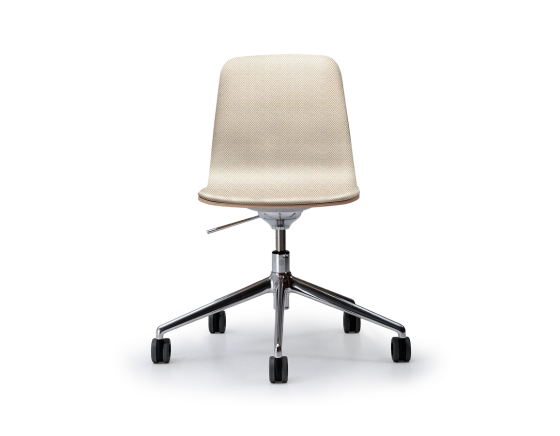 Design office chair aluminum metal base with casters and beige mottled fabric seat