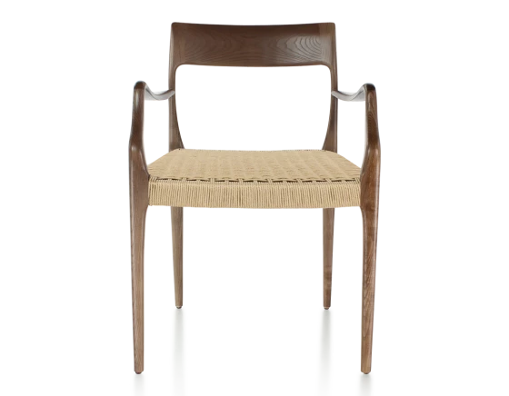 Chaise scandivave avec accoudoirs bois teinte marron foncé assise corde