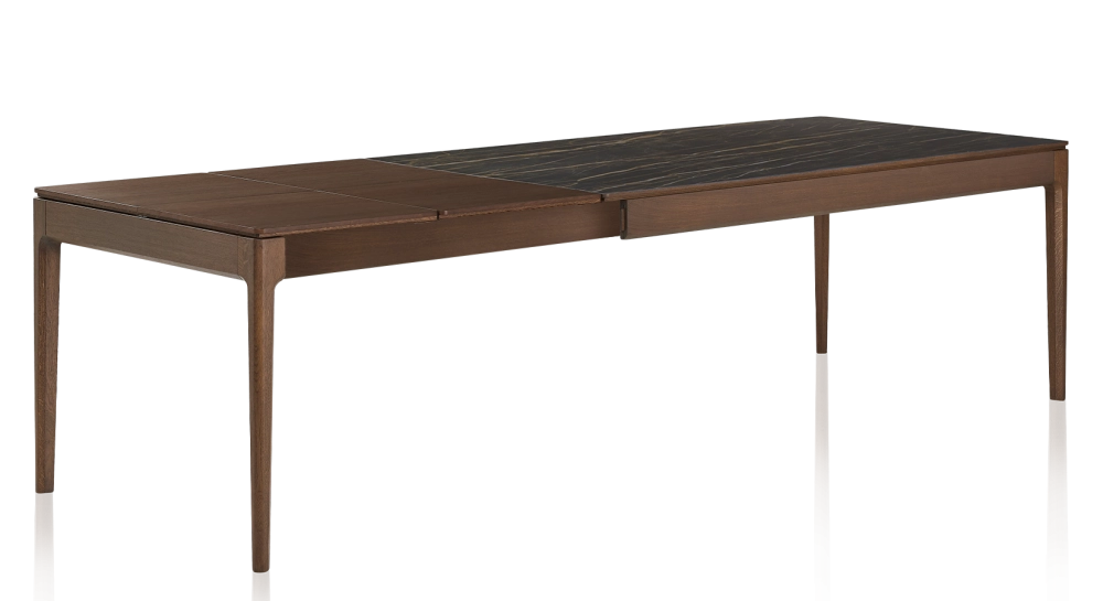 Table extensible 6 à 10 personnes en chêne et céramique allonges bois avec bois teinte marron foncé et plateau céramique effet marbre noir 140x90 cm Table extensible 6 à 10 personnes en chêne et céramique allonges bois avec bois teinte marron foncé et plateau céramique effet marbre noir 140x90 cm