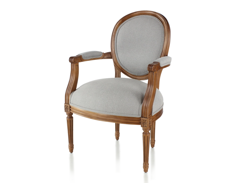 Fauteuil ancien style Louis XVI bois teinte ancienne et tissu gris clair Fauteuil ancien style Louis XVI bois teinte ancienne et tissu gris clair