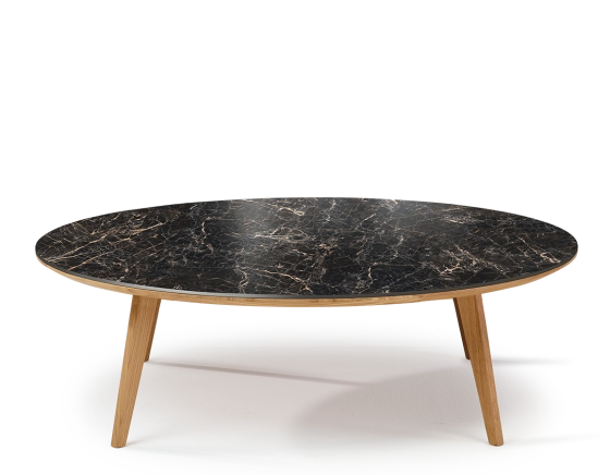 Round coffee table F1 in oak and ceramic natural wood finish tray with black marble-effect ceramic m2. 110x110x30 cm