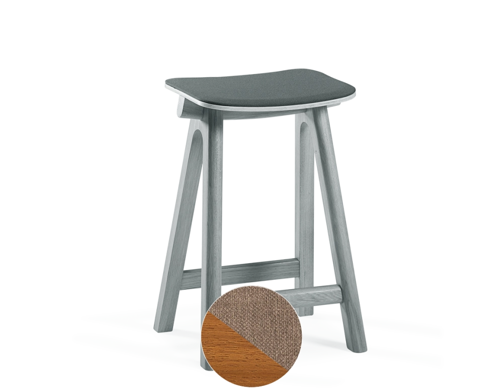 Upholstered oak bar stool H60 cm cherry-stained wood, taupe fabric seat Upholstered oak bar stool H60 cm cherry-stained wood, taupe fabric seat