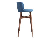 Tabouret de bar h80 cm bois teinte noyer assise tissu bleu jeans Tabouret de bar h80 cm bois teinte noyer assise tissu bleu jeans