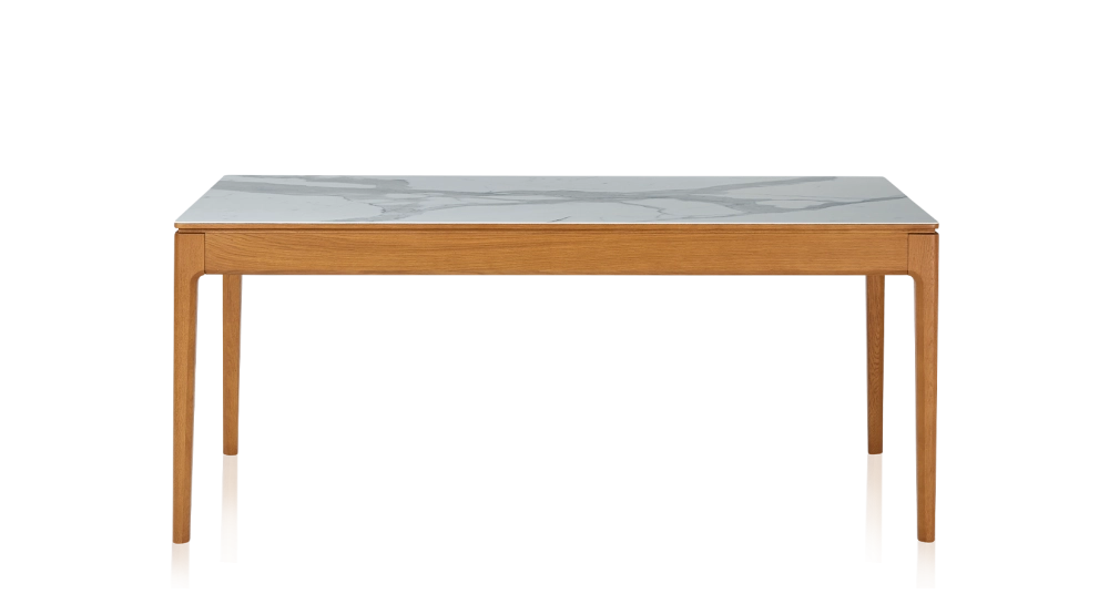 Dining table for 6 people in oak and ceramic with cherry-stained wood and white marble-effect ceramic top 140x90 cm Dining table for 6 people in oak and ceramic with cherry-stained wood and white marble-effect ceramic top 140x90 cm