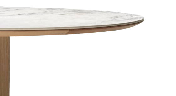Round dining table in oak and ceramic for 4 to 6 people. with a natural wood finish and a white marble-effect ceramic top m3. 110x110