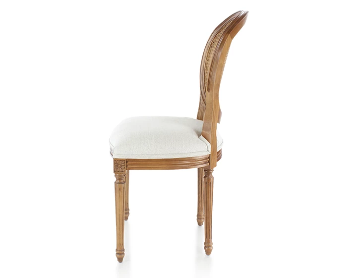 Chaise ancienne style Louis XVI bois teinte ancienne dossier canné assise tissu beige naturel