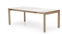Table extensible 8 à 14 personnes en chêne et céramique allonges céramique bois teinte naturelle et céramique effet marbre blanc 210x100 cm