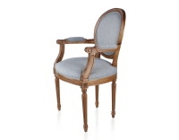 Antique Louis XVI style armchair with armrests aged wood stain and blue chevron fabric Antique Louis XVI style armchair with armrests aged wood stain and blue chevron fabric