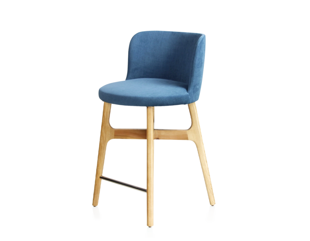 Bar stool h60 cm natural tint wood, denim blue fabric seat Bar stool h60 cm natural tint wood, denim blue fabric seat