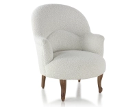 Fauteuil crapaud avec accoudoirs pieds bois teinte noyer et tissu bouclé blanc Fauteuil crapaud avec accoudoirs pieds bois teinte noyer et tissu bouclé blanc
