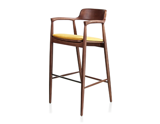 Bar stool h80 cm walnut-stained wood, yellow fabric seat