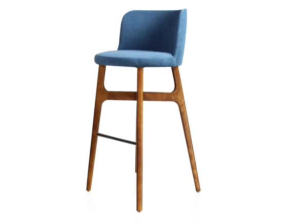 Tabouret de bar h80 cm bois teinte merisier assise tissu bleu jeans