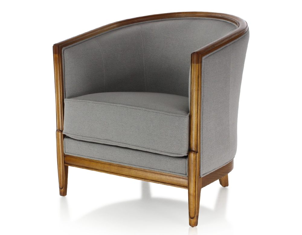 Fauteuil ancien accoudoirs moulurés bois teinte ancienne et tissu gris clair