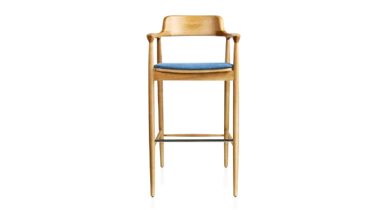 Bar stool h80 cm natural tint wood, denim blue fabric seat
