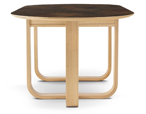 8 person oak and ceramic dining table with natural stained wood and oxidised brown ceramic top 210x100 cm