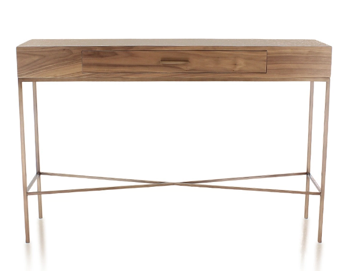 Console design noyer teinte naturelle et métal patine laiton 100 cm Console design noyer teinte naturelle et métal patine laiton 100 cm