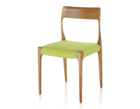 Chaise scandinave bois teinte merisier assise tissu vert pomme Chaise scandinave bois teinte merisier assise tissu vert pomme