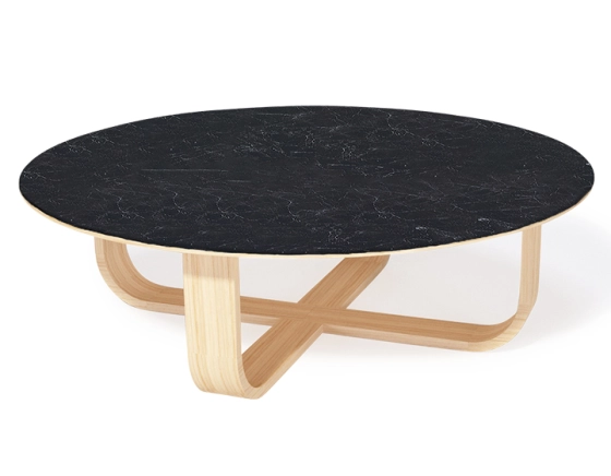 Round coffee table in oak and ceramic with natural stained wood, slate effect ceramic top 140 cm