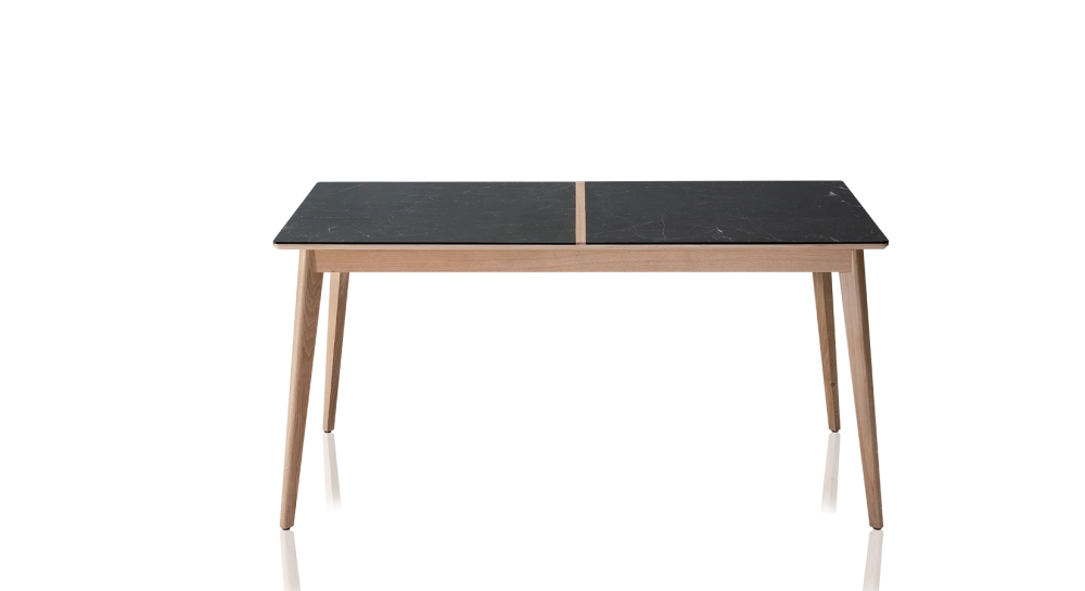 Table extensible 8 à 14 personnes en chêne et céramique allonges bois avec bois teinte naturelle et plateau céramique effet ardoise 210x100 cm Table extensible 8 à 14 personnes en chêne et céramique allonges bois avec bois teinte naturelle et plateau céramique effet ardoise 210x100 cm