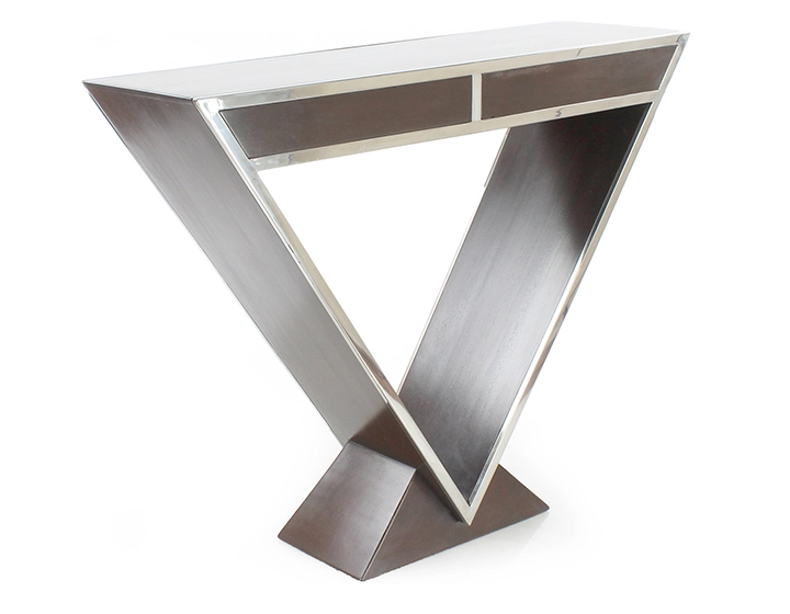 Console art déco double tiroirs bois teinte marron foncé Console art déco double tiroirs bois teinte marron foncé