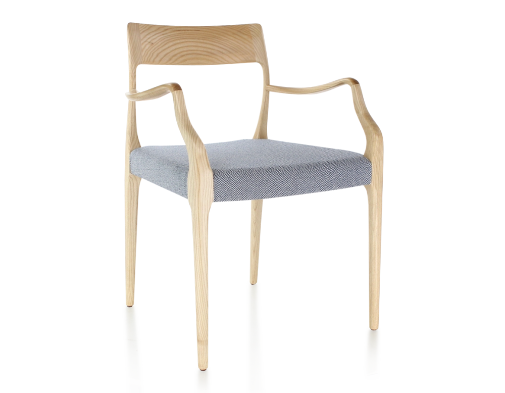 Scandinavian armchair with armrests natural stained wood, blue chevron fabric seat Scandinavian armchair with armrests natural stained wood, blue chevron fabric seat