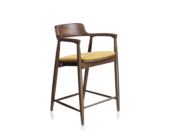 Tabouret de bar h60 cm bois teinte marron foncé assise tissu jaune