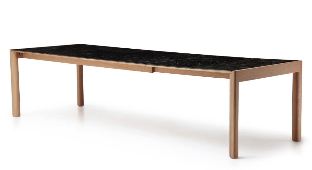 Extending table for 8 to 12 people in oak and ceramic with ceramic extensions natural wood finish and black marble-effect ceramic m2 180x100 cm Extending table for 8 to 12 people in oak and ceramic with ceramic extensions natural wood finish and black marble-effect ceramic m2 180x100 cm