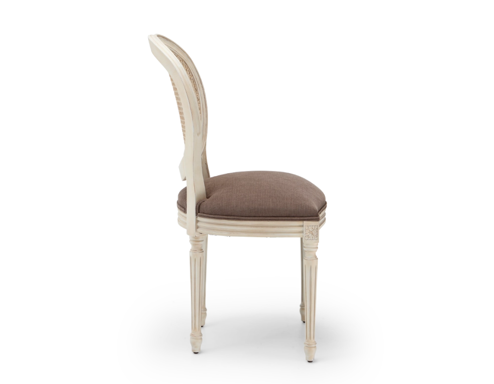 Louis XVI style antique chair white cerused wood with cane backrest and taupe fabric seat. Louis XVI style antique chair white cerused wood with cane backrest and taupe fabric seat.