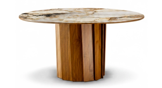 Table salle à manger ronde 6 personnes en noyer et céramique teinte naturelle plateau patagonia 120 cm