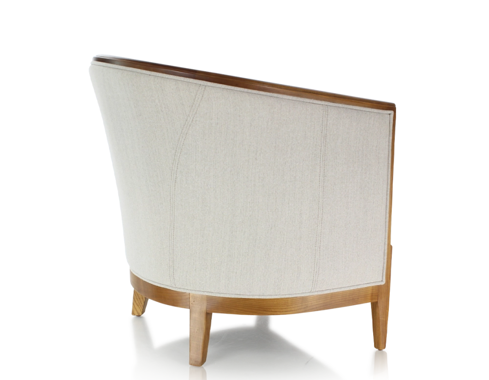 Fauteuil ancien accoudoirs moulurés bois teinte ancienne et tissu beige naturel