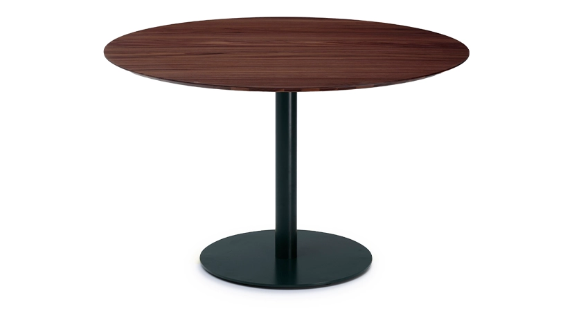 Mesa bistró aletas de roble natural, pata de metal amarillo flúor y tablero fenix malva pálido