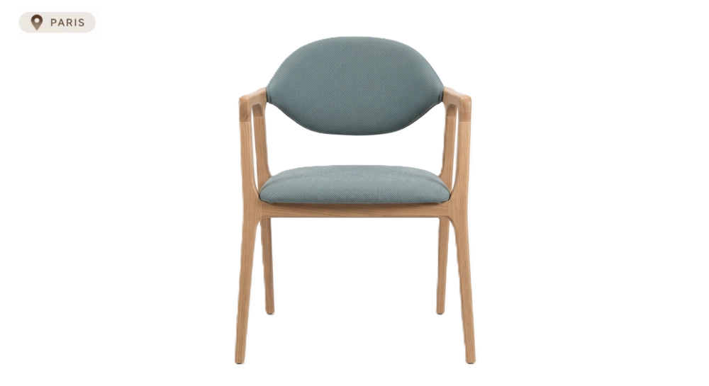 Chaise design avec accoudoirs en chêne bois teinte naturelle et bleu vert