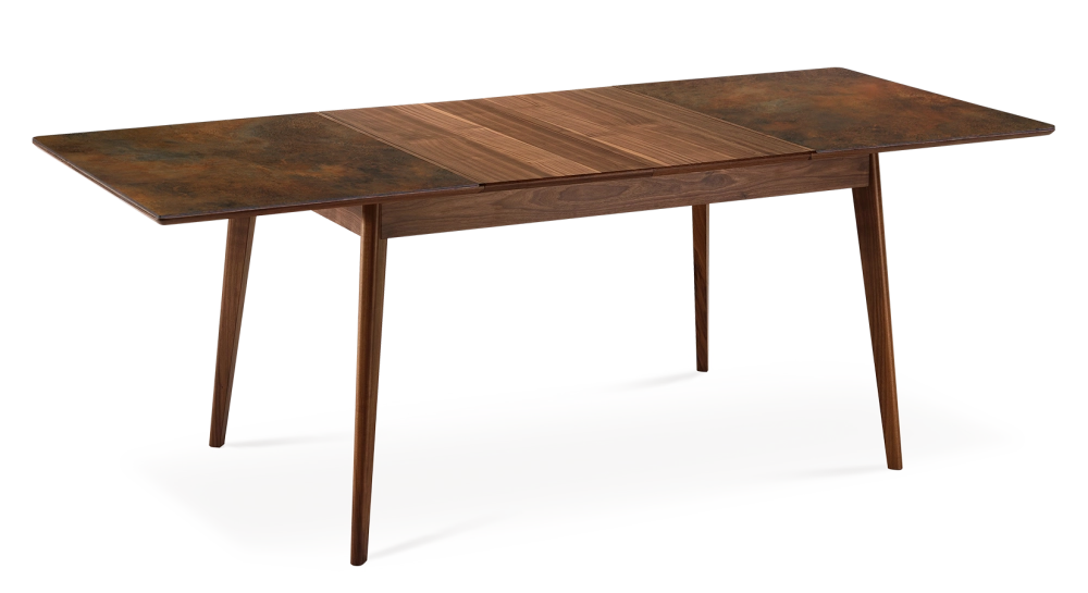 Table extensible 6 à 8 personnes en noyer et céramique allonges bois avec bois teinte naturelle et plateau céramique brun oxydé