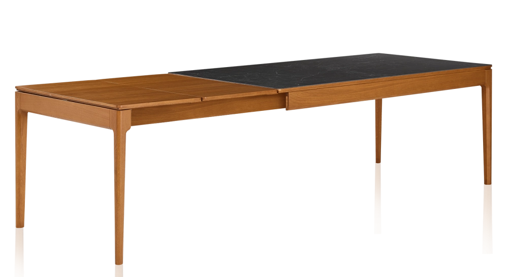 Table extensible 6 à 12 personnes en chêne et céramique allonges bois avec bois teinte merisier et plateau céramique effet ardoise 140x100 cm Table extensible 6 à 12 personnes en chêne et céramique allonges bois avec bois teinte merisier et plateau céramique effet ardoise 140x100 cm
