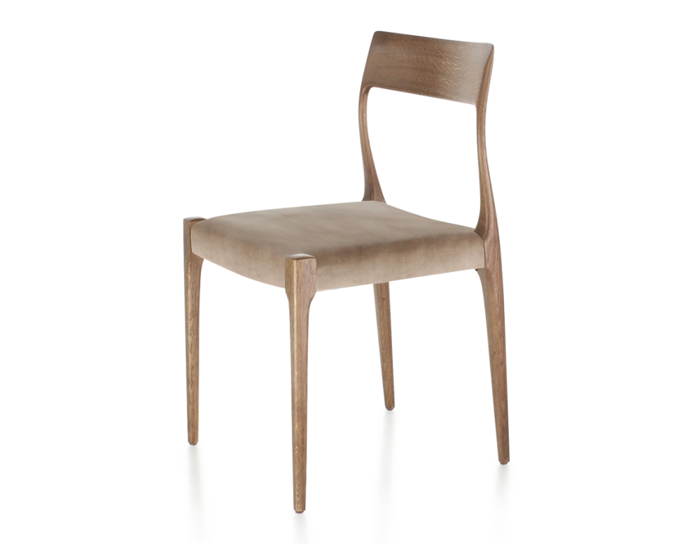 Chaise scandinave bois teinte noyer assise tissu velours taupe clair Chaise scandinave bois teinte noyer assise tissu velours taupe clair
