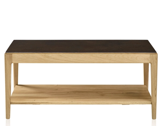 Table basse rectangulaire en chêne et céramique avec tablette en bois teinte naturelle plateau céramique brun oxydé 100x50 cm