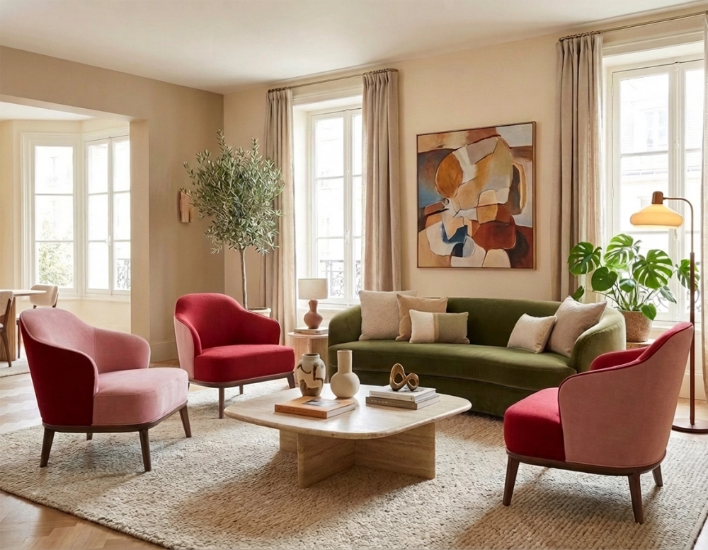 Fauteuil design tissu bordeaux et vieux rose