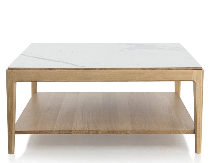 Square coffee table in oak and ceramic with shelf in natural stained wood, white marble effect ceramic top 100x100 cm Square coffee table in oak and ceramic with shelf in natural stained wood, white marble effect ceramic top 100x100 cm