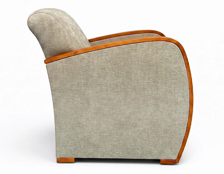 Fauteuil design bois teinte merisier et tissu vert bambou