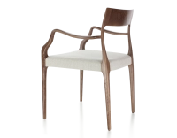 Chaise scandinave avec accoudoirs bois teinte marron foncé assise tissu beige naturel Chaise scandinave avec accoudoirs bois teinte marron foncé assise tissu beige naturel