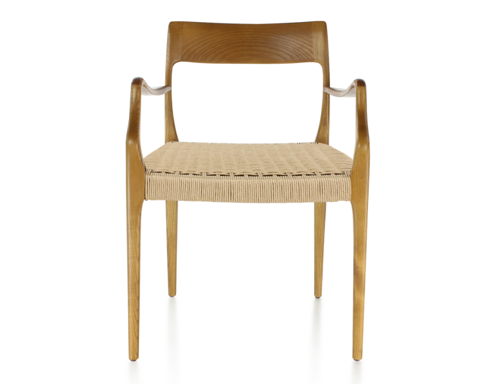 Scandinavian armchair with armrests cherry-stained wood, rope seat Scandinavian armchair with armrests cherry-stained wood, rope seat