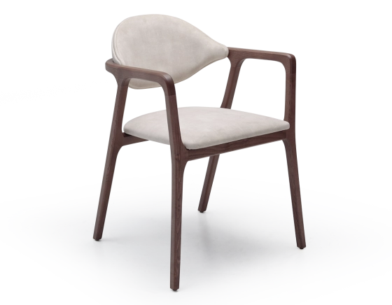 Chaise design avec accoudoirs bois teinte noyer et tissu velours sable