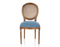 Chaise ancienne style Louis XVI bois teinte ancienne dossier canné assise tissu bleu jeans Chaise ancienne style Louis XVI bois teinte ancienne dossier canné assise tissu bleu jeans