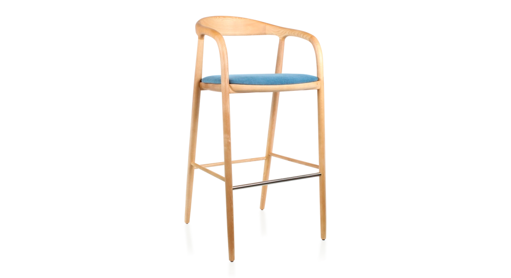 Bar stool h80 cm natural tint blue jean fabric seat natural wood stain and denim fabric