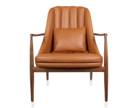 Fauteuil scandinave bois teinte merisier et cuir caramel Fauteuil scandinave bois teinte merisier et cuir caramel