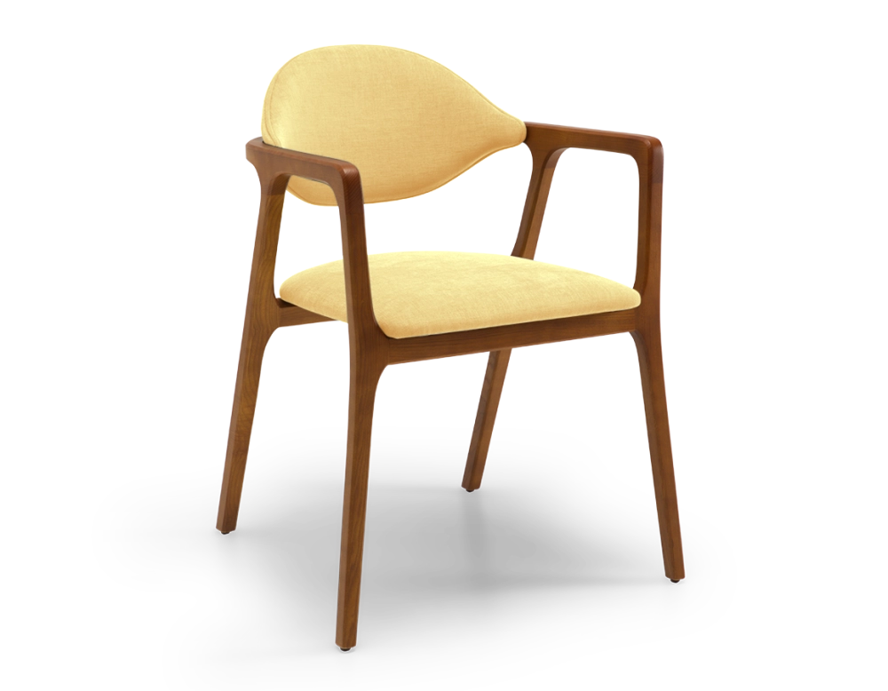 Chaise design avec accoudoirs bois teinte merisier et tissu jaune Chaise design avec accoudoirs bois teinte merisier et tissu jaune