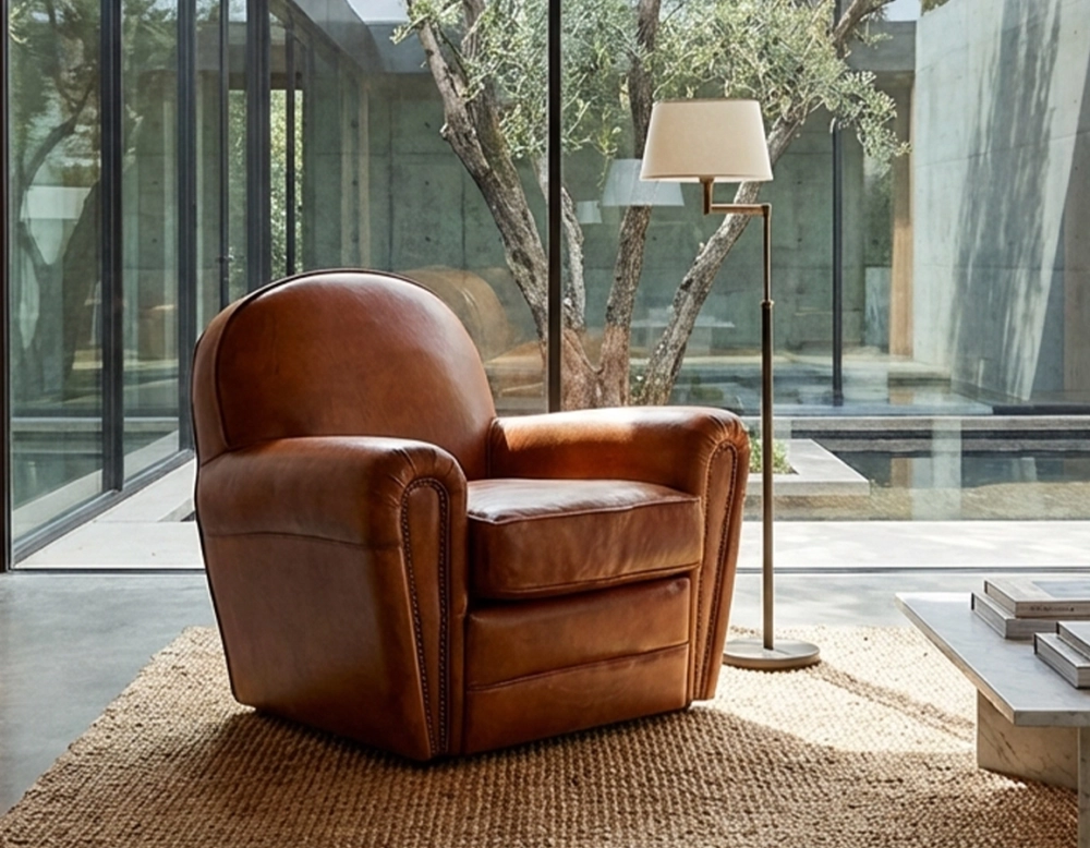 Fauteuil club cuir marron clair accoudoirs cloutés