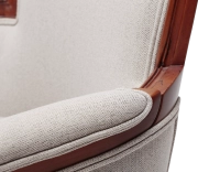 Louis XVI style moulded bergère armchair wood antique stain and natural beige fabric Louis XVI style moulded bergère armchair wood antique stain and natural beige fabric