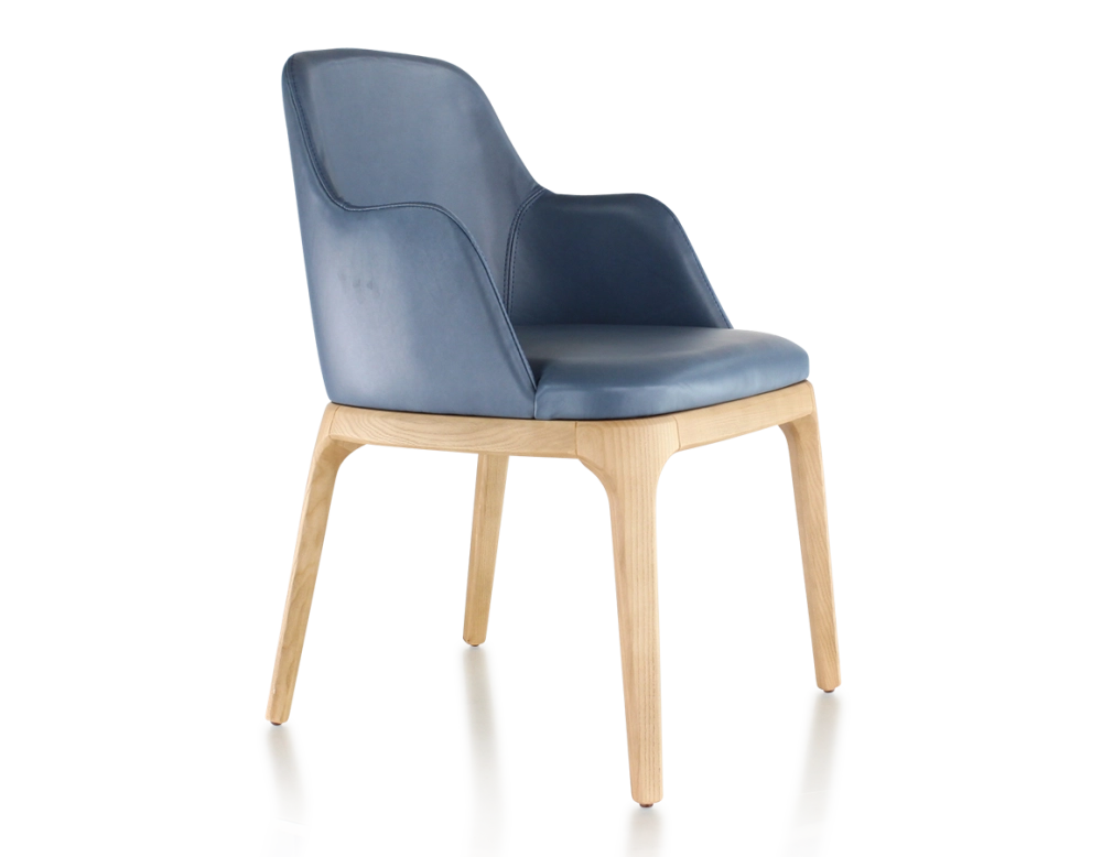 Chaise design avec accoudoirs bois teinte naturelle et cuir bleu orage Chaise design avec accoudoirs bois teinte naturelle et cuir bleu orage