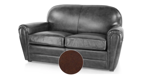 2 seater leather club sofa dark brown piped armrests